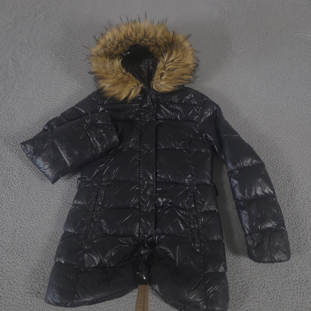 S13 Jacket Womens Small Black Glossy Faux Fur Hood Puffer Down Fill Parka Coat
